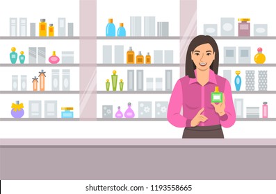 Cosmetics store asian girl counter near shelves with perfumes and skin care products. Young woman seller offering bottle with new aroma at the perfume shop. Vector cartoon background