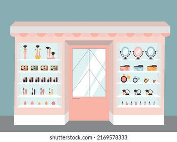 Cosmetics store, beauty store, makeup shop with cosmetic products, makeup tools in plastic bottles in shelves. Flat style vector illustration. Cosmetic showcase, shopping, market, makeup set