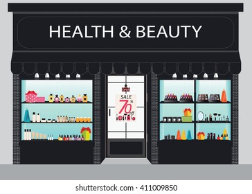 Cosmetics Store Building And Interior With Products On Shelves, Shopping,  Beauty Shop, Cosmetic Products,  Beauty Salon Shopping, Health And Beauty Vector Illustration.