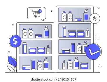 Cosmetics store concept. Vendor and market with creams and lotions, moistruizers. Showcase with beauty products. Marketing and commerce, retail. Linear flat vector illustration isolated on background