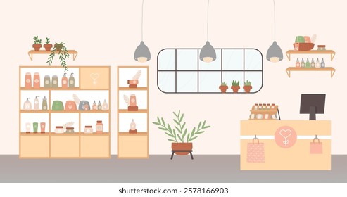 Cosmetics store design interior with shelves and racks display showcasing perfumes, hygiene beauty products for body, skin and hair care vector illustration. Shopping mall department offering toiletry