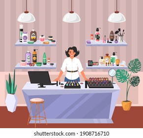 Cosmetics Store. Female Shop Assistant Standing At Counter, Flat Vector Illustration. Shelves With Health And Beauty Products. Makeup, Hair, Face And Body Skincare Cosmetics.