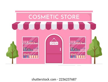 Cosmetics Store with Girl Skincare, Cosmetic, Perfume, Makeup and Beauty Products Choice in in Flat Cartoon Hand Drawn Templates Illustration