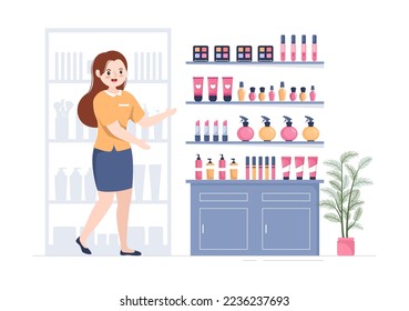 Cosmetics Store with Girl Skincare, Cosmetic, Perfume, Makeup and Beauty Products Choice in in Flat Cartoon Hand Drawn Templates Illustration