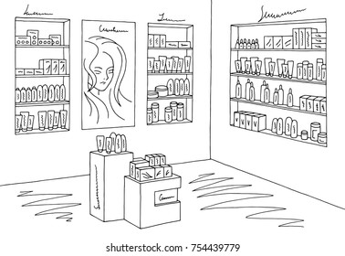 Cosmetics Store Graphic Shop Black White Interior Sketch Illustration Vector