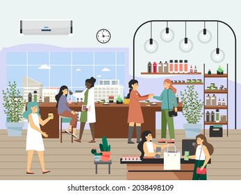 Cosmetics store. Happy women shopping for face and body skincare products, flat vector illustration. Beauty retail.