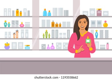 Cosmetics store indian girl counter near shelves with perfumes and skin care products. Young woman seller offering bottle with new aroma at the perfume shop. Vector cartoon background