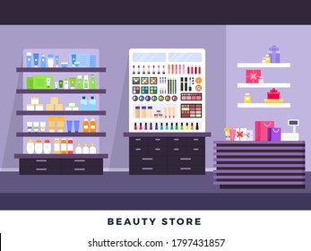 Cosmetics Store Interior With Make Up Objects, Shopping, Beauty Shop, Cosmetic Products, Health And Beauty With Products On Shelves. Vector Flat Set Illustration