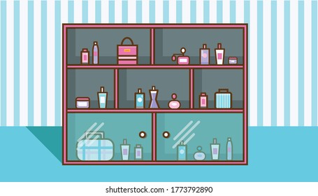 Cosmetics store interior with products on shelves vector illustration.