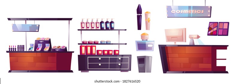 Cosmetics Store Interior Stuff And Furniture, Makeup Or Body Care Beauty Shop With Cosmetic Bottles On Showcase Shelves, Cashier Desk With Computer. Goods For Women Cartoon Vector Illustration, Set