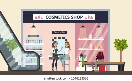 Cosmetics store in mall. Woman showing products.