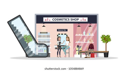 Cosmetics store in mall. Woman showing products on white.