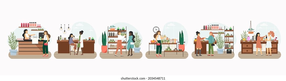 Cosmetics store scene set, flat vector illustration. Happy women shopping for perfumes, face and body skincare products.