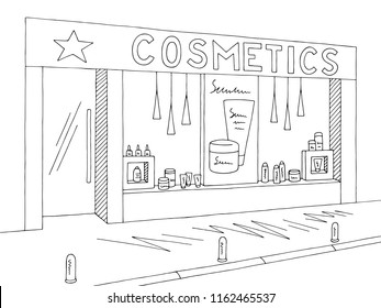 Cosmetics store shop exterior graphic black white sketch illustration vector