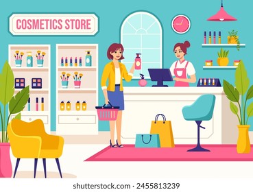 Ilustración vectorial de la tienda de cosméticos con cuidado de la piel de la muchacha, cosmético, perfume, maquillaje y Productos de belleza Elección en en fondo plano de dibujos animados