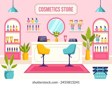 Ilustración vectorial de la tienda de cosméticos con cuidado de la piel de la muchacha, cosmético, perfume, maquillaje y Productos de belleza Elección en en fondo plano de dibujos animados