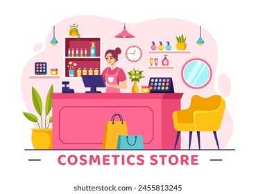 Cosmetics Store Vector Illustration with Girl Skincare, Cosmetic, Perfume, Makeup and Beauty Products Choice in in Flat Cartoon Background