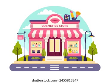 Kosmetik Store Vektorillustration mit Mädchen Hautpflege, Kosmetik, Parfüm, Make-up und Beauty Produkte Auswahl in Flat Cartoon Hintergrund