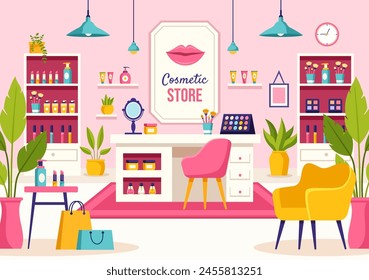 Ilustración vectorial de la tienda de cosméticos con cuidado de la piel de la muchacha, cosmético, perfume, maquillaje y Productos de belleza Elección en en fondo plano de dibujos animados