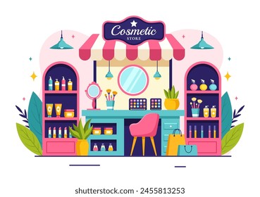 Cosmetics Store Vector Illustration with Girl Skincare, Cosmetic, Perfume, Makeup and Beauty Products Choice in in Flat Cartoon Background