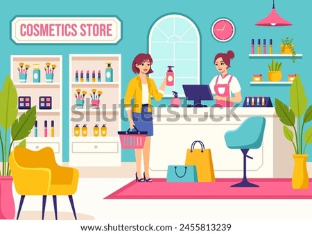 Cosmetics Store Vector Illustration with Girl Skincare, Cosmetic, Perfume, Makeup and Beauty Products Choice in in Flat Cartoon Background
