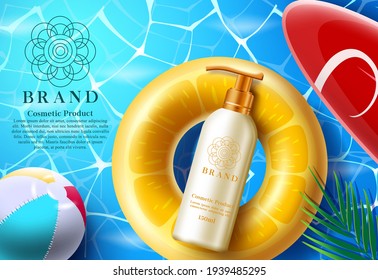 Cosmetics summer product vector banner template. Cosmetic sunscreen products in mock up bottle with floater element and sea background for skin care brand advertisement. Vector illustration