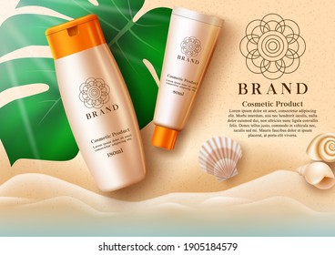 Cosmetics sunscreen product vector template design. Cosmetic products mock up in seashore background with elements like 3d realistic sunblock lotion bottles for summer skin care advertisement.
