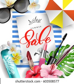 Cosmetics sunscreen products with tropical flowers. Summer sale concept. Skin care cosmetic products that contain protection from the sun.Vector template
