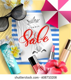 Cosmetics sunscreen products with tropical flowers. Summer sale concept. Skin care cosmetic products that contain protection from the sun.Vector template