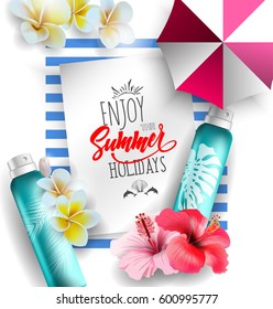 Cosmetics sunscreen products with tropical flowers.Summer recreation attributes. Skin care cosmetic products that contain protection from the sun.Vector template