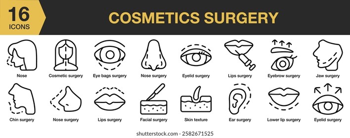 Cosmetics Surgery icon set. Includes eyelid, jaw, lip, ear, facial, nose, chin, and More. Outline icons vector collection.