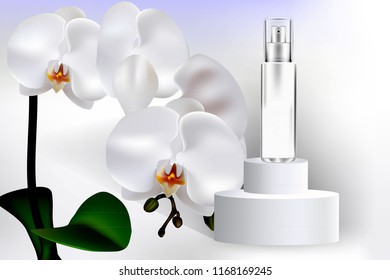 Cosmetics template mock up with realistic orchid im 3d illustration. Vector stock.