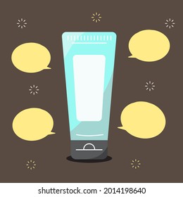 Cosmetics and a text box on the side for information. on a brown background