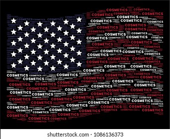 Cosmetics text items are grouped into waving United States flag abstraction on a dark background. Vector collage of USA state flag is formed from cosmetics text items.