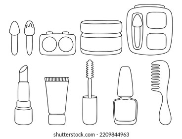 Cosmetics theme. Outline contour. Design element. Vector illustration isolated on white background. Template for books, stickers, posters, cards, clothes.