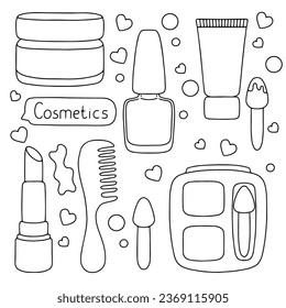 Cosmetics theme. Outline contour. Design element. Vector illustration isolated on white background. Template for books, stickers, posters, cards, clothes.