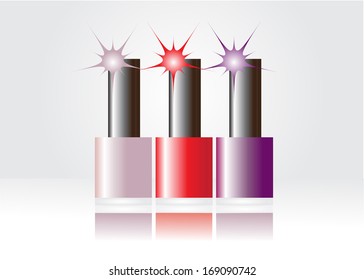 Cosmetics. Three colored nail polish on white background