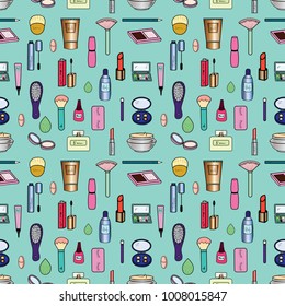 Cosmetics and toiletries drawn on a light blue background. Seamless pattern.