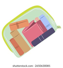 Cosmetics and toiletries packed in a clear bag for traveling illustration Easy to organize carry-on essentials and comply with airline regulations.
