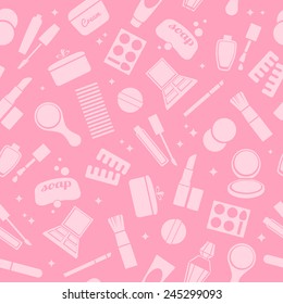 Cosmetics and toiletry icons seamless pattern. Beauty background. Pink color.