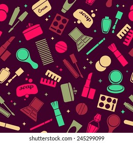 Cosmetics and toiletry icons seamless pattern. Beauty background. Bright colors.