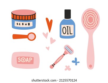 Cosmetics and tools for body care, cartoon style. Personal hygiene set of bathroom equipment, hand drawn, flat design. Trendy modern vector illustration isolated on white background.