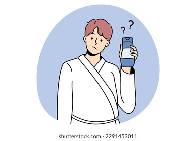 Cosmetics and treatments for men concept. Young man wearing bathtub standing cosmetic bottle in hands with question mark nearby vector illustration