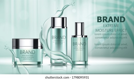 Cosmetics tropic water splash with place for text surrounded by leaves. Extreme moisture effect. Product placement. 3D mock up. Vector