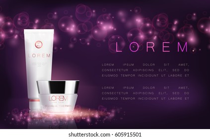 Cosmetics, tube and glass, realistic vector illustration isolated on white background. 3D fashion design. Beauty style. Container for lotion, gel, tonic, shampoo, soap, cream.