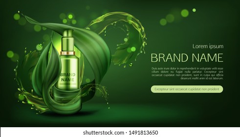 Cosmetics Tube Mock Up Ad Banner, Organic Beauty Product, Natural Skin Care Cream Or Gel Bottle Mockup On Green Background With Water Splashes And Leaves, Eco Skincare Cosmetic. Realistic 3d Vector