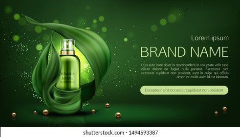 Tubo de cosméticos simulado banner de anúncio, produto de beleza orgânico, loção, maquete de frasco de pulverizador natural para cuidados com a pele em fundo verde com folhas e pérolas douradas, cosméticos ecológicos para a pele. Vetor 3d realista