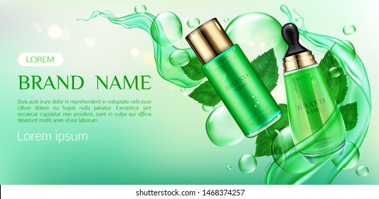Cosmetics tubes mock up ad banner, Organic beauty product, skin care cream and serum bottles or oil mockup on green background with leaves and splash. Natural eco skincare cosmetic Realistic 3d vector