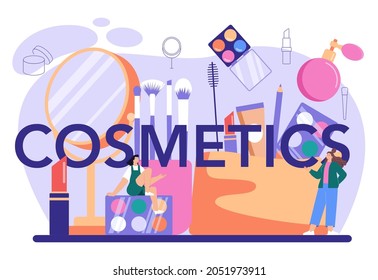 Cosmetics typographic header. Professional artist doing a beauty procedure, applying a make up on the face. Visagiste doing makeup to a model using a brush. Flat vector illustration
