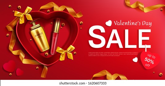 Cosmetics Valentine day sale banner, pump bottle and liquid lipstick tube in heart shaped gift box top view mockup, beauty product cosmetic on red background with bows Realistic 3d vector illustration